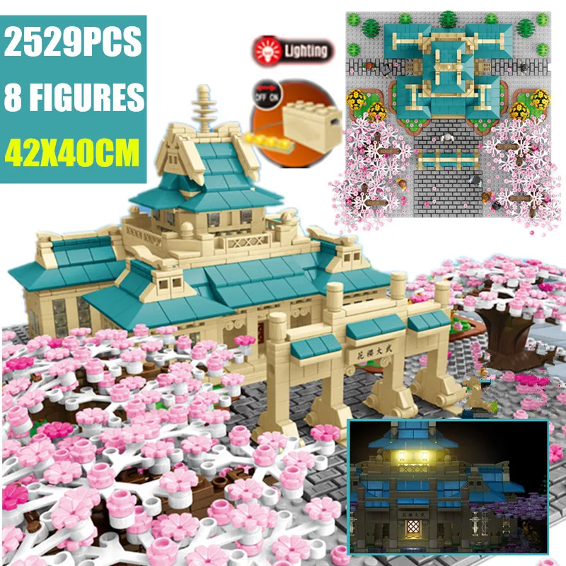 

New 2528PCS Sembo Block Japanese Street View Senbon Torii Sakura Cherry Tree House Stall Inari Shrine Blossom Building Brick Toy