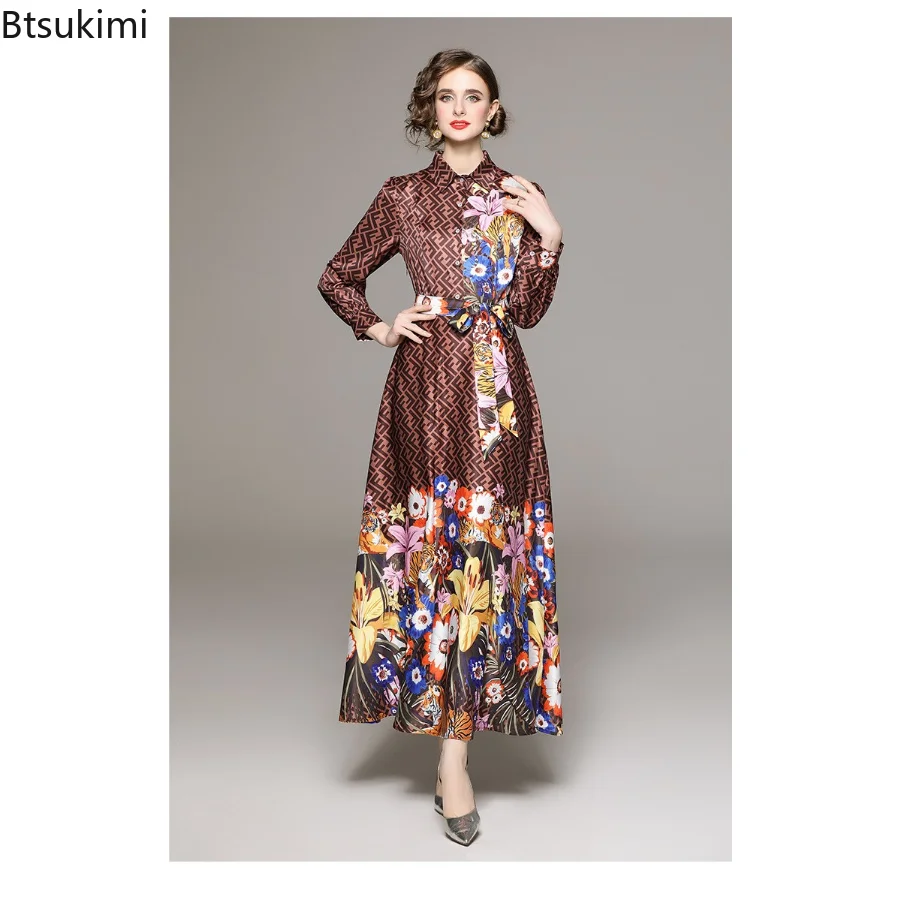 2023 Women's Muslim Abaya Long Dress Fashion and Temperament Long Sleeve High  Waist Printing Dress with Lace Up Belt Vestidos