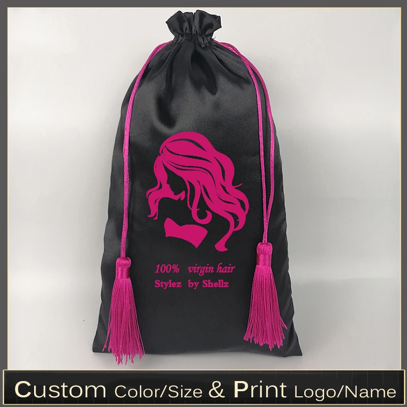 

20p 30x40cm Custom Logo Black Satin Hair Tassel Bag Wig Bundle Extenssios Storage Drawstring Bags Cosmetic Gift Shoes Packaging