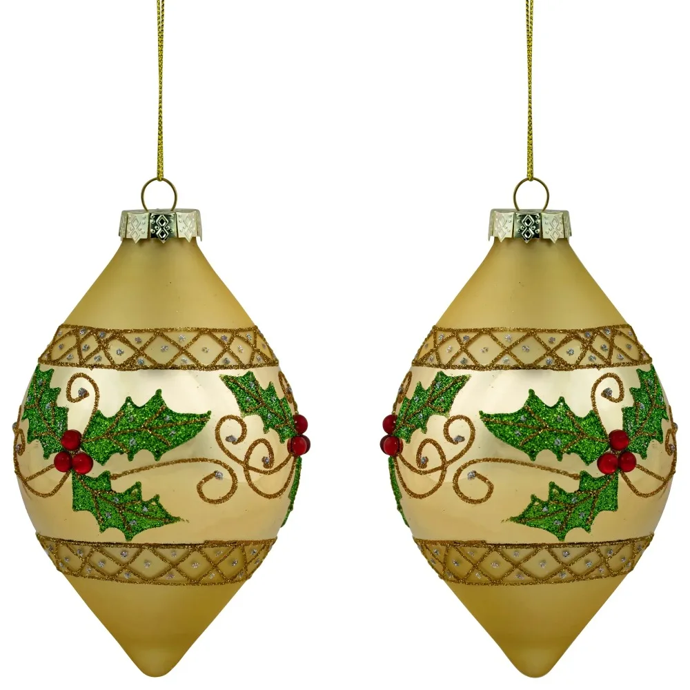 

Set of 2 Golden Glitter Holly Finial Christmas Glass Ornaments 5"