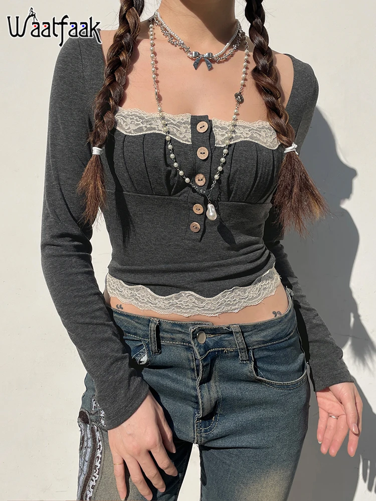 

Waatfaak Grey Lace Patchwork Grunge T Shirt Women Casual Maid Casual Button Crop Vintage Ruched Tee Shirts Elegant Spring 2022