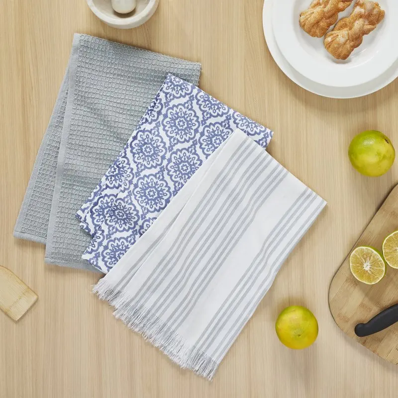 

Lovely 3 Pieces 16" x 28" Soft Cotton Kitchen Towels, Elegant Blue color, Highly Absorbent and Durable.