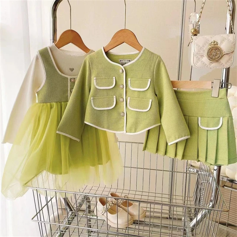 

Spring Girl Princess Clothing Set For Children Colleage Fall Outfits Kids Tracksuit Coat+Pleated Skirts 한국아동복 2023봄