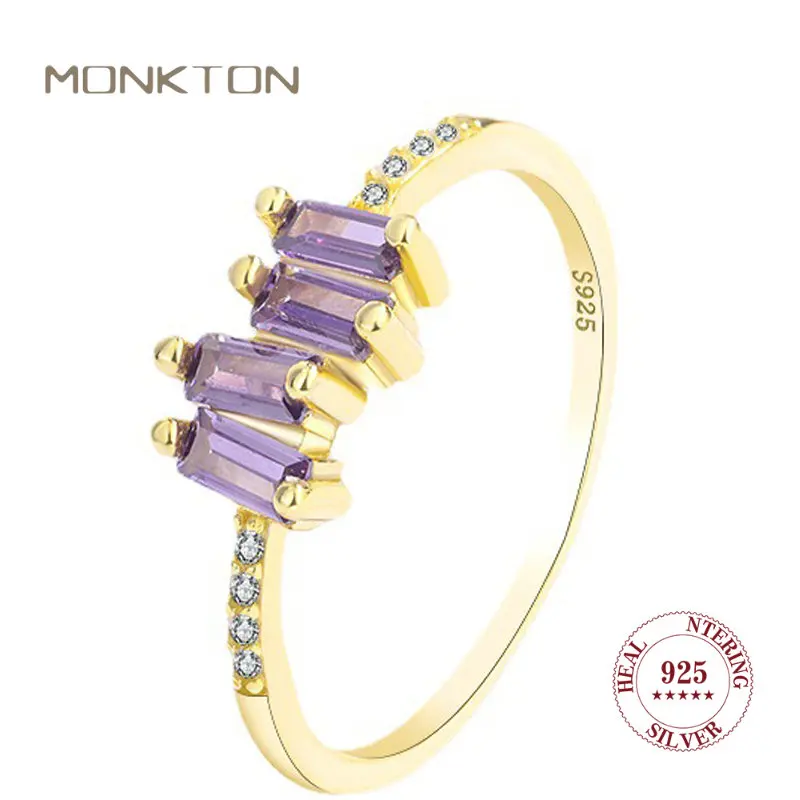 

Monkton 925 Sterling Silver Amethyst Geometric Finger Rings for Women Purple Full Diamond 14k Gold Plated Ring Romantic Gifts