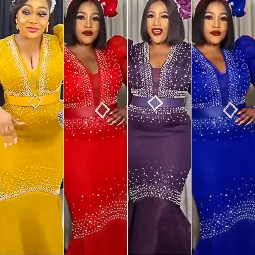 

2023 African Mermaid Dresses for Women Elegant African V-neck Plus Size Evening Puff Sleeve Wedding Party Robe Ladies Outfits