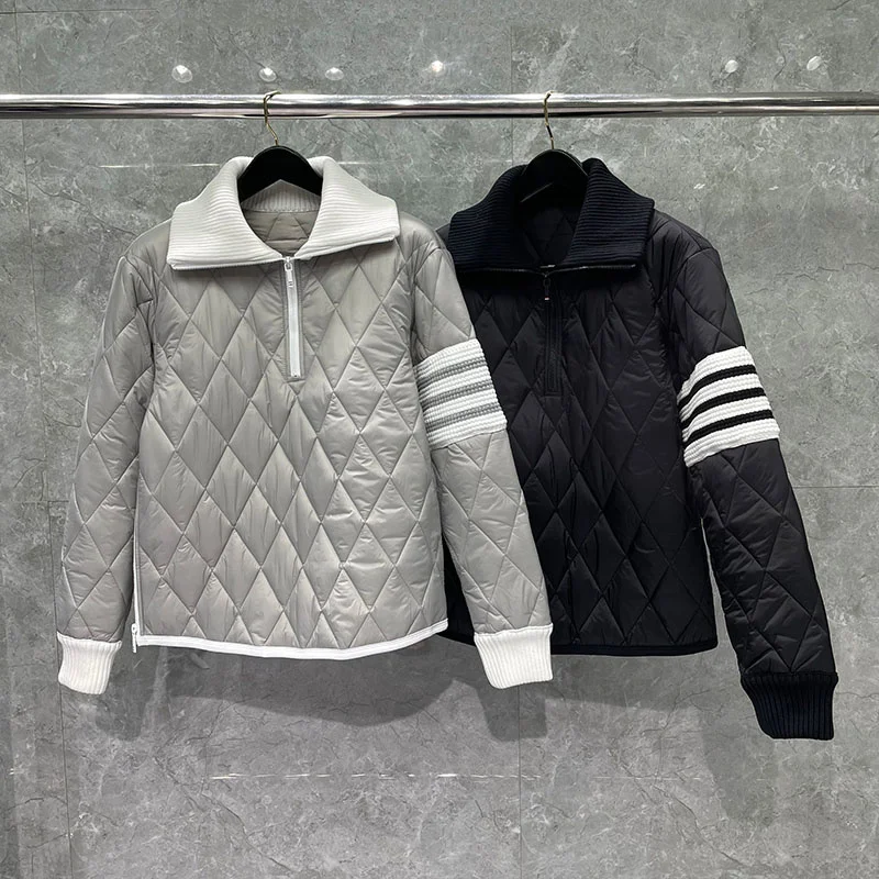 

THOM TB Men's Jacket Winter Fashion Brand Coats 4-Bar Stripe Diamond Lattice Turn Down Collar Cotton-Padded Zip Pullover Jackets