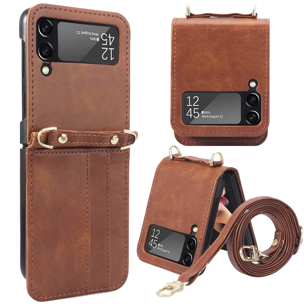 

Lanyard Integrated Shockproof Card Slot Leather Case For Samsung Galaxy Z Flip 3 Case Anti-Scratch Phone Cover With Lanyard