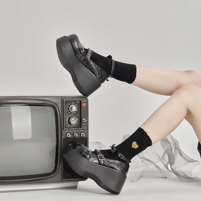 Band 2022 New Fashion Big Size 43 Pumps Women Platform Wedges High Heels Rivet Metallic Pumps Black Lolita Jk Woman Shoes