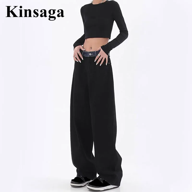 Street Cargo Mopping Jeans 4XL Women All-match Contrast High Waist Wide Leg Color Blocking Academia Pant Loose Overalls Trousers