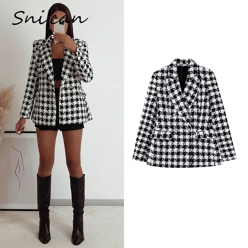 

Black Houndstooth Plaid Outwear Fashion Woolen Tweed Women Jacket Coat Elegant Office Ladies Blazer Abrigo Mujer Female Tops New