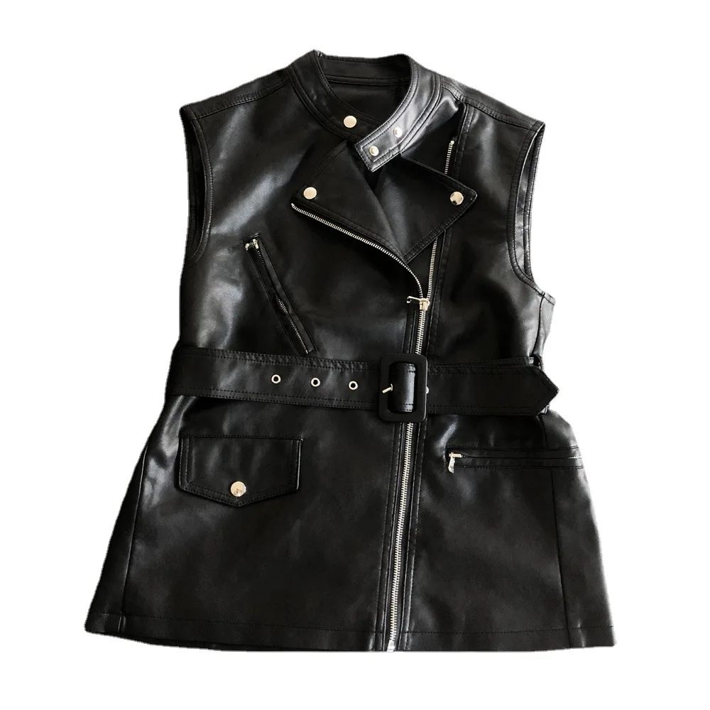 2023 autumn clothes new fashion slim small stand-up collar motorcycle leather vest belt sleeveless leather vest