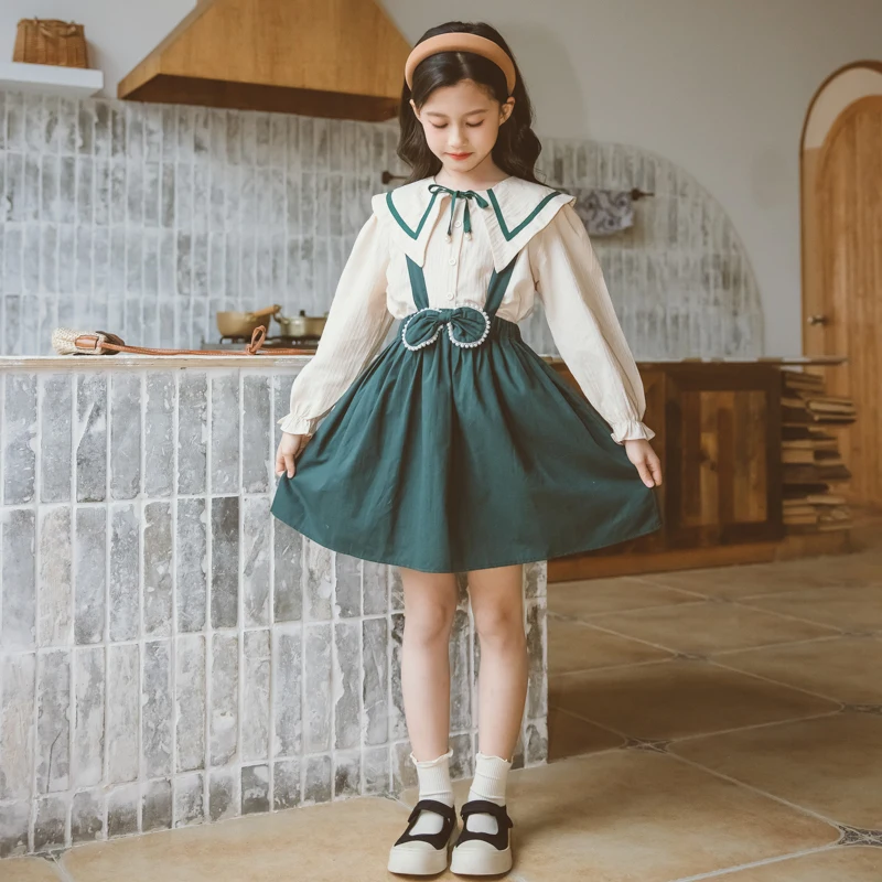 

Two-piece Clothing Sets for Children Clothes Girls Long Sleeve Ruffle Trim Blouse & Bow Suspender Skirt Sweet Outfits 6-14 Years