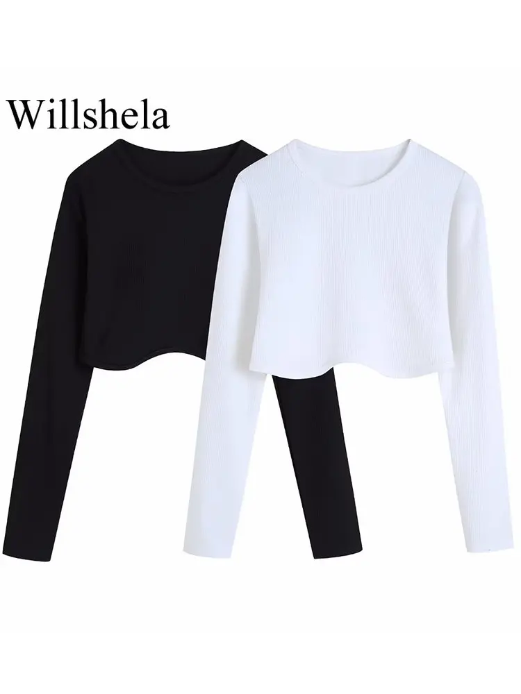 

Willshela Women Fashion Soild Cropped Blouse Vintage Long Sleeves O-Neck Female Chic Lady Shirt Crop Top