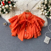 court style sweet bow collar candy color blouse women 2022 summer new multi layer ruffle sleeve button shirt female blusas top