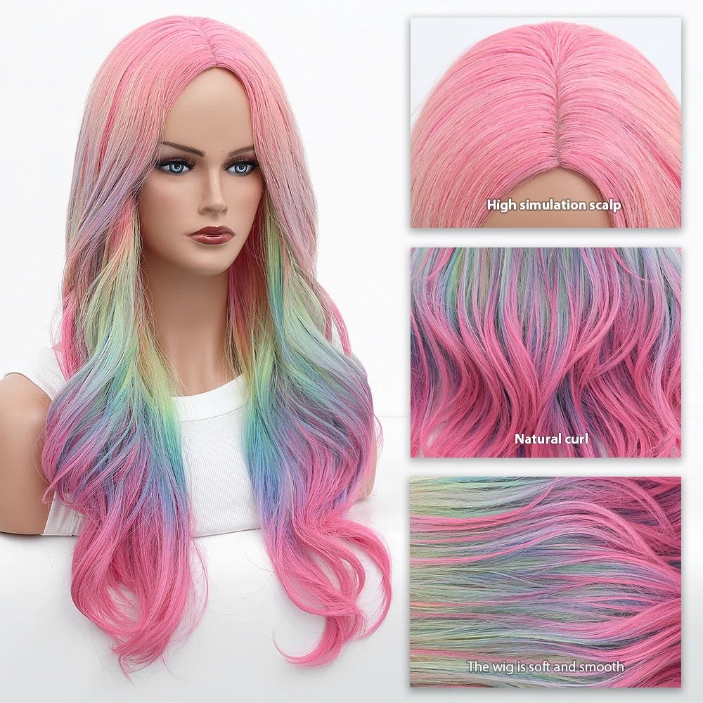 Rainbow Synthetic Wig for Woman Long Body Wave Hair Cosplay Lolita Party Natural Heat Resistant Wigs Fiber Daily Hair