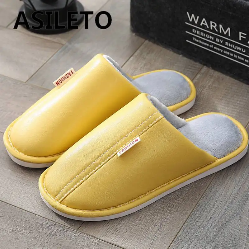 

ASILETO хорошего качества кожаные водонепроницаемые Нескользящие домашние теплые тапочки для мужчин и женщин зимние меховые большие размеры