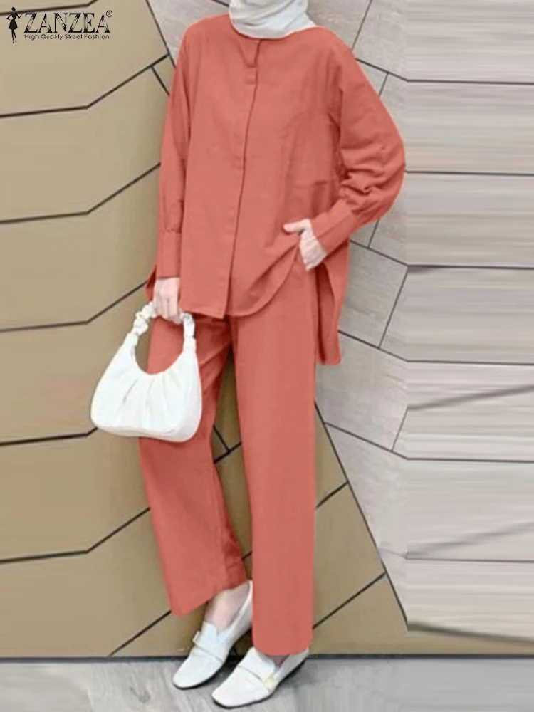 ZANZEA Eid Mubarek Muslim Sets Women Fashion Urban Tracksuit Long Sleeve Buttons Up Tops Loose Trouser Party Islamic Clothing