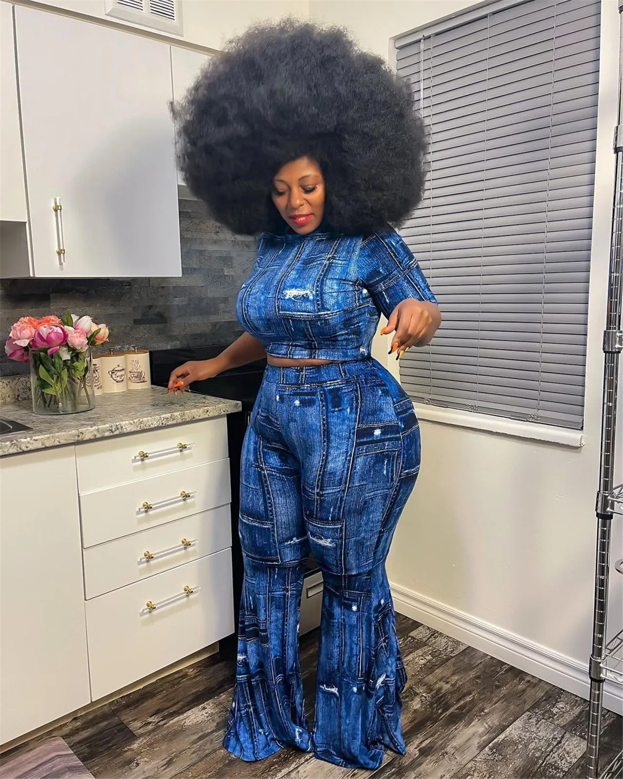 Plus Size Women's New Denim Print Plus Size Sexy Two Piece Set Versatile New Temperament Commuter In Autumn and Winter 2022