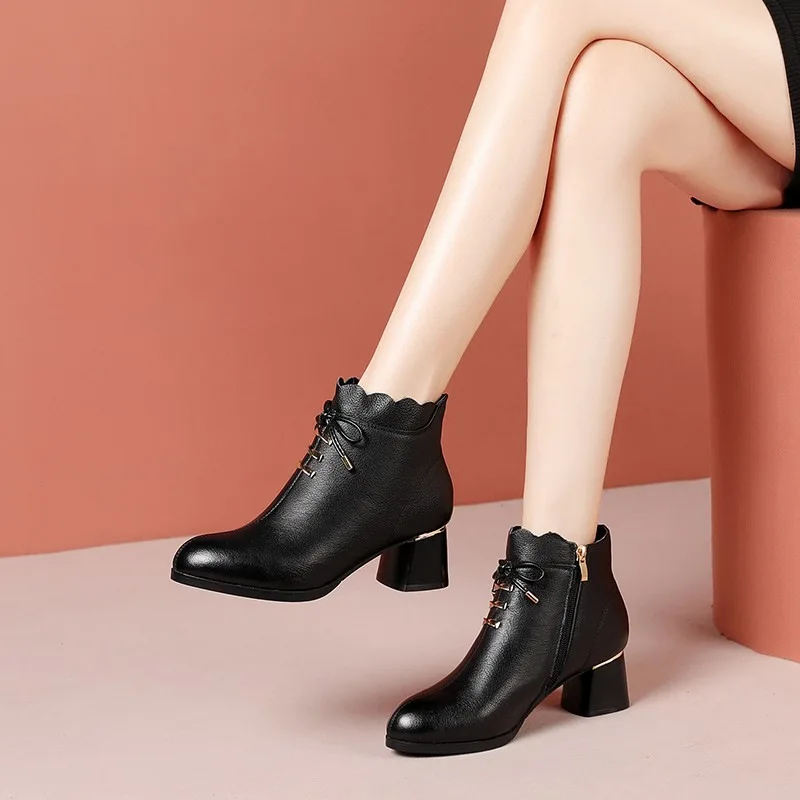 2022 OL Fashion Work Pumps For Women Office Shoes Modern Boots Autumn Bow Mid Heels Pointed-toe Female Short Boots Ankle Boots