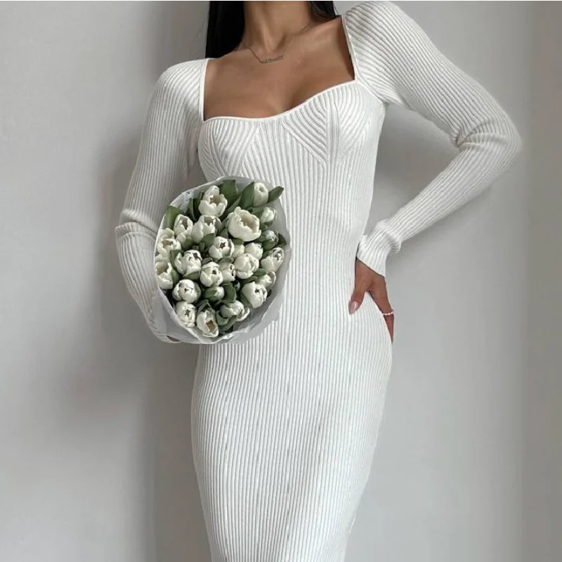 

Женское трикотажное платье средней длины, платье с длинным рукавом и квадратным вырезом, платье с высокой талией, 2023