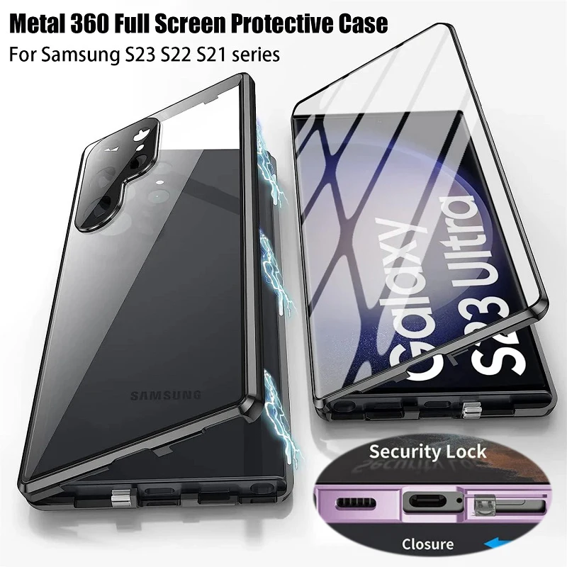 

Металлический чехол для Samsung Galaxy S21 Plus, закаленное стекло, защелкивающийся чехол для Galaxy S21, сверхполная Защита объектива, защитный чехол