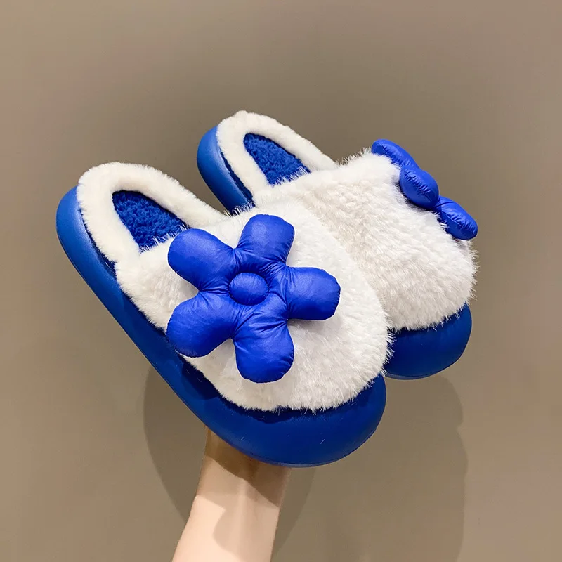 

Flock Flat Shoes Female Flower Med Woman's Slippers Fur Flip Flops Cover Toe Slides Platform Fashion 2022 Plush Luxury Floral Ba