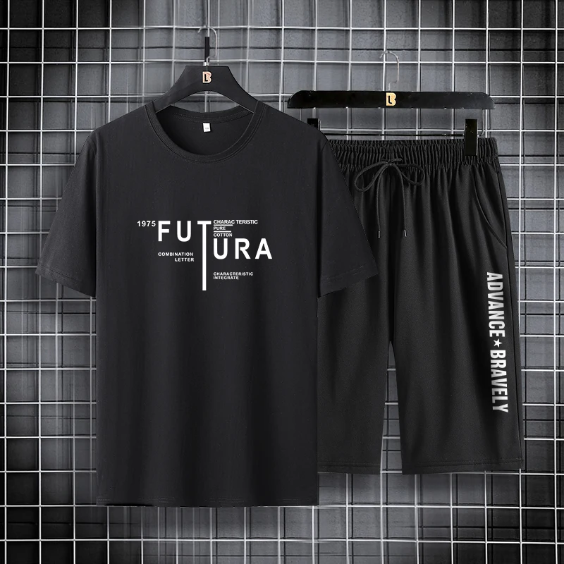 

MenSummer Tracksuit Men T-shirt and Shorts Set 100% Cotton Casual Short Sleeve Mens 2 Piece Set Sports Suit Fashion Sports Wear