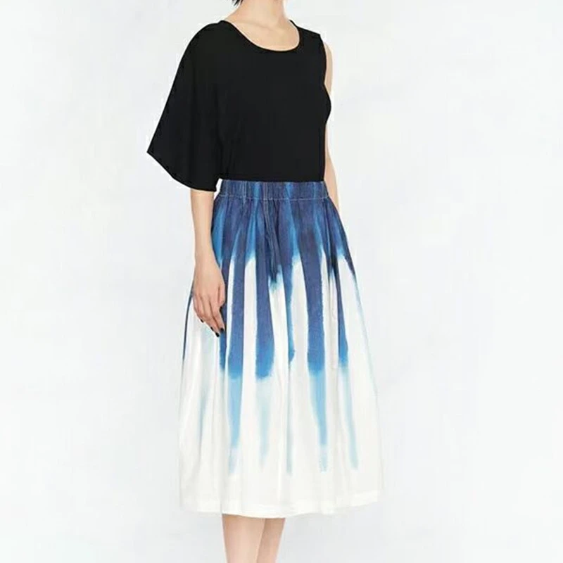 

Women Gradient Skirt Elastic Waist Smudge Contrast Color Female Midi Jupe 2022 Summer new