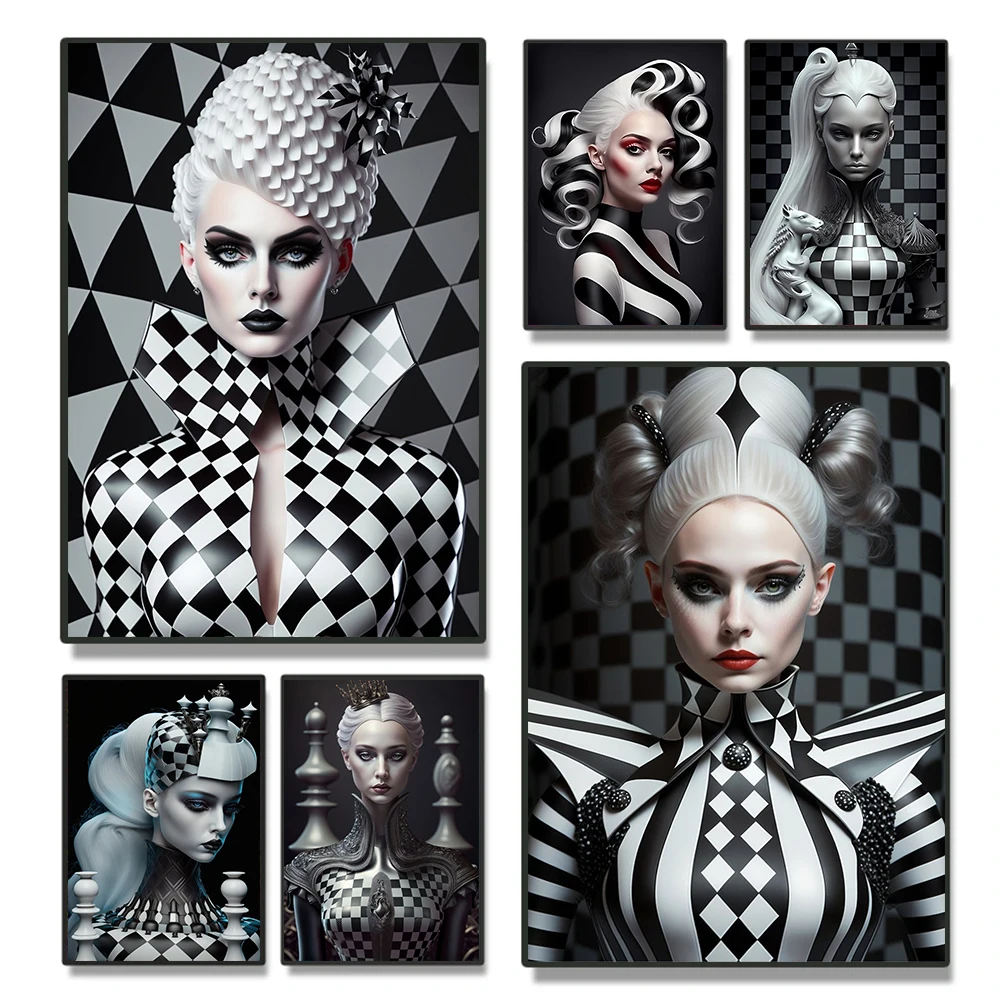 

Fantasy Woman Art Portrait Poster Prints For Home Decor Gothic Black White Geometry Chess Queen Canvas Painting Wall Art Gift