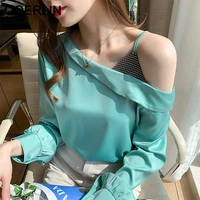 qoelrin skew collar satin blouse women 2022 new sexy fashion loose casual tops shirts long sleeve black white clothes
