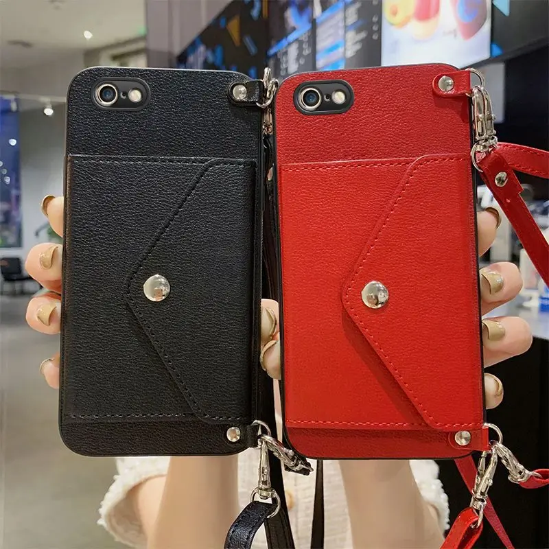 

Suitable For iPhone 6/6s Leather Soft Phone Case, Change Card Bag, Crossbody Strap Lanyard