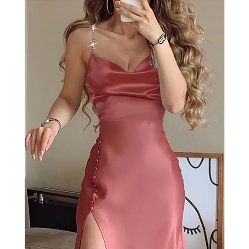 

Женское однотонное платье-трапеция без рукавов, элегантное розовое платье миди с открытой спиной и завышенной талией, лето 27295