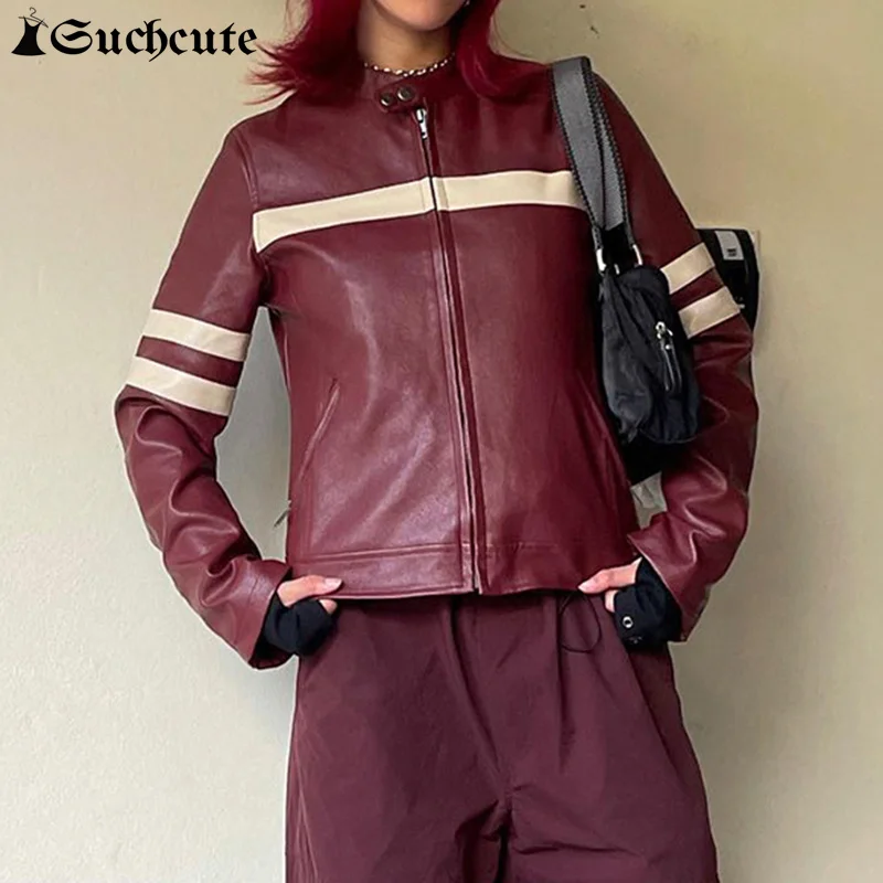 

SUCHCUTE Zipper Stitch Pockets Goth Punk Crop Top red Leather Jacket Women PU Techwear Long Sleeve Korean Streetwear black Coats