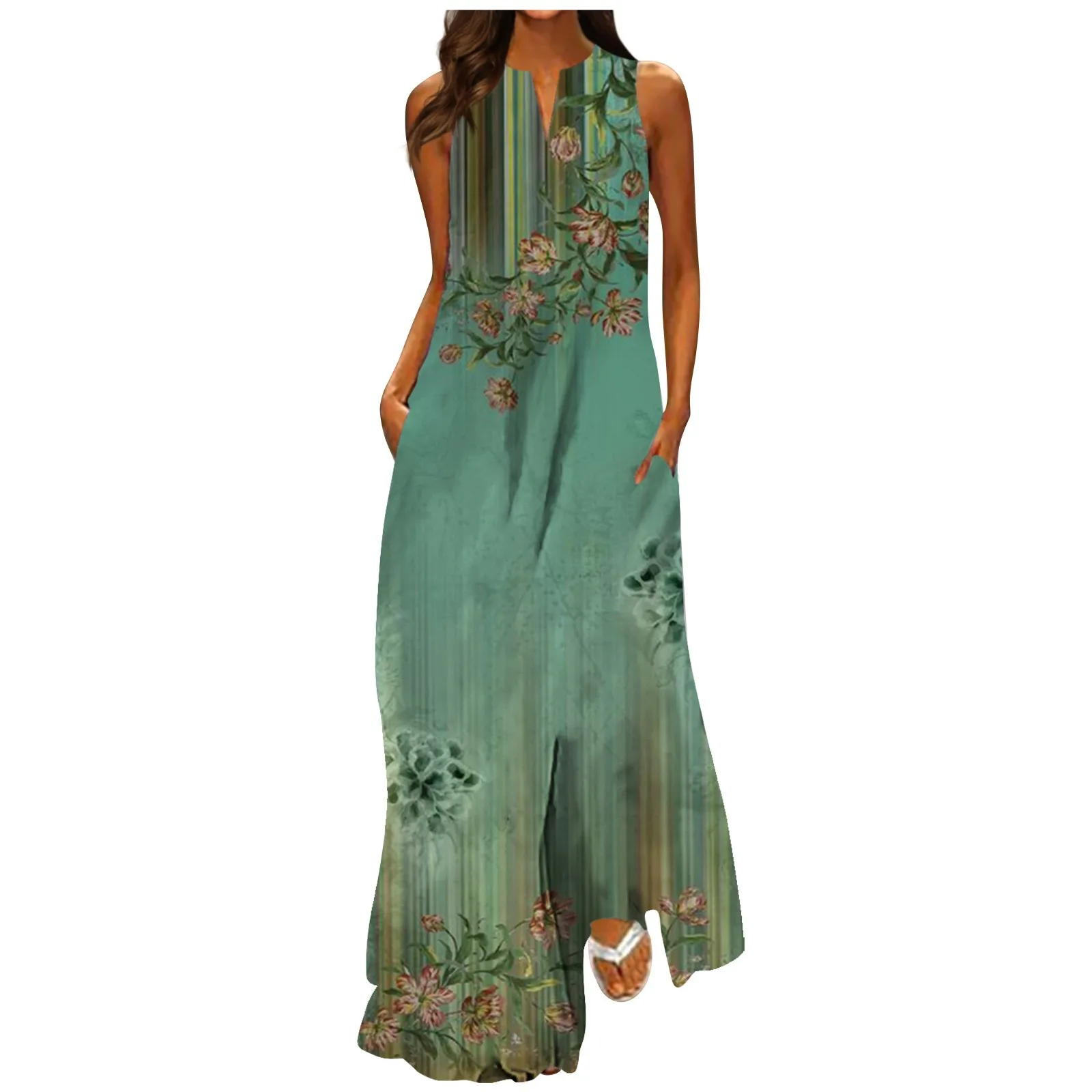 

Женское длинное платье без рукавов, классическое элегантное платье с цветным принтом и V-образным вырезом, лето 2023