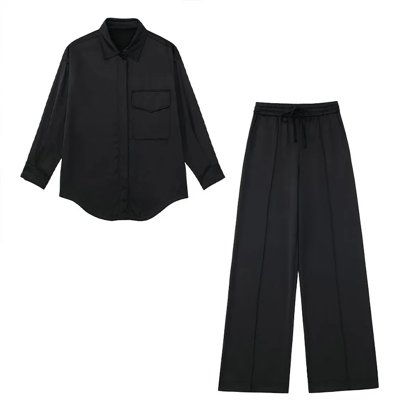 

Осенние комплекты ZATRHMBM 2022, свободная шелковая атласная рубашка, пальто, комплект из 2 предметов, Черный Повседневный шикарный Молодежный мо...