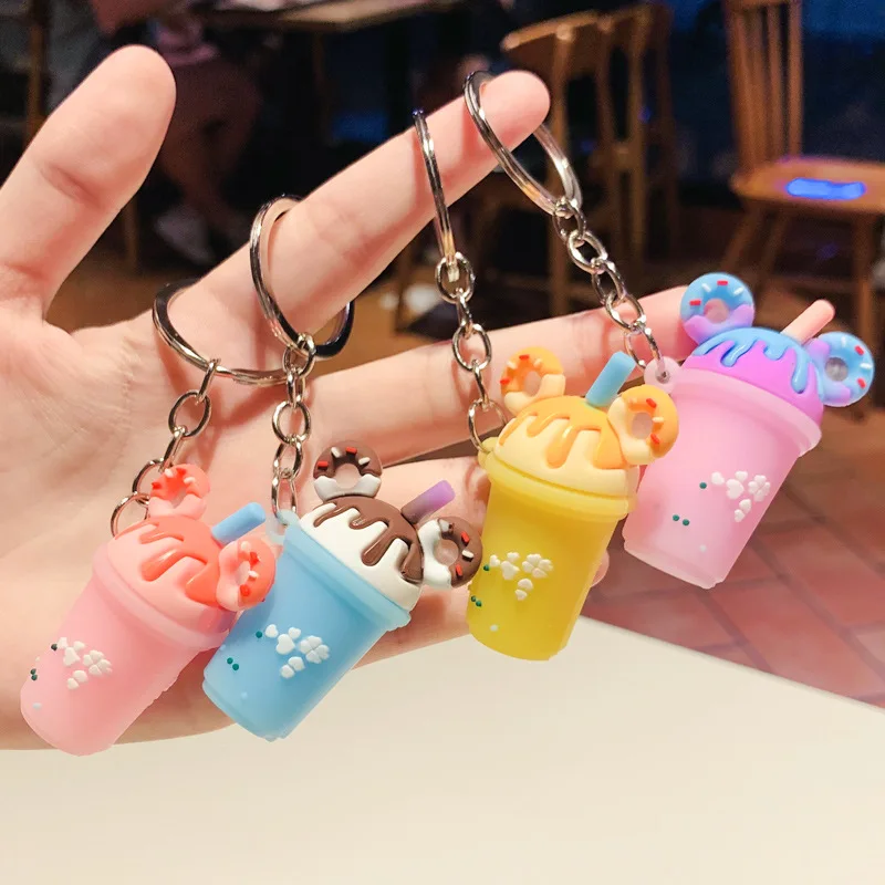 

Donut Milk Tea Small Gift PVC Keychain for Women Girl Soft Cute Cup Key Chain Car Bag Pendant Key Chain Fashion Jewelry Key Ring