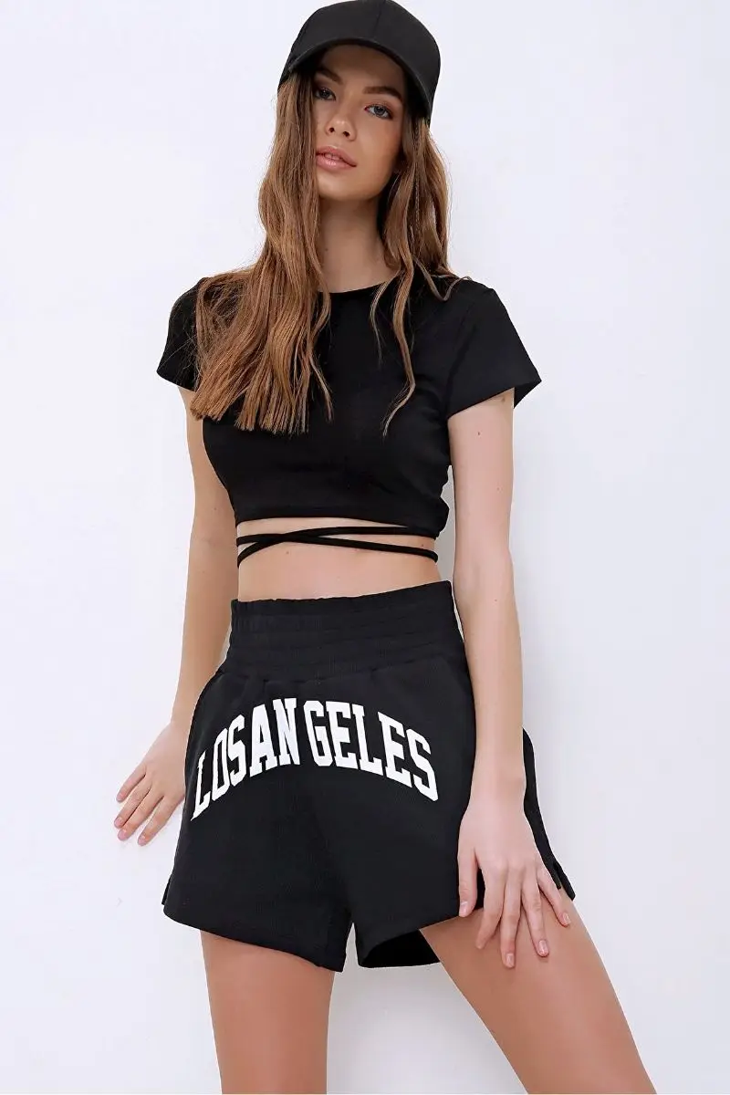 

Trend Way Collection women black cycling collar laced Crop Fit t-shirt ALC-X6042