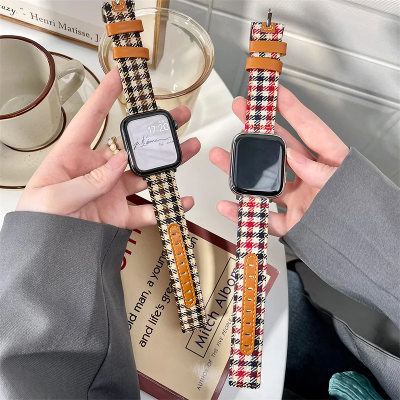 

Leather+Canvas Strap For Iwatch Series 8 7 49mm 41 45 6 SE Chickingbird Pattern Watchbands For Apple Watch Band 38 42 40mm 44mm