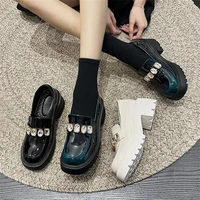summer new british style small leather shoes womens japanese retro rhinestone thick soled loafer pumps for women black beige