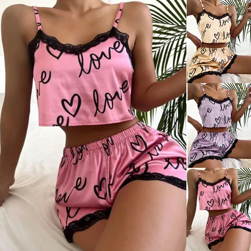 

Women's Pajama Shorts Suit Print Underwear Pijama Sexy Lingerie Camisoles Tanks Nighty Ladies Loungewear Homewear Two Pieces Set