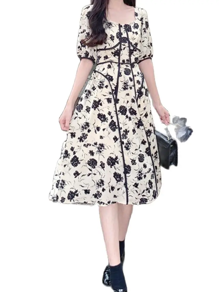 

L-4Xl Elegant Print Skirt High Waist And Thin Square Collar Short-Sleeved Dress 2022 Summer New Fashion Women'S Clothing