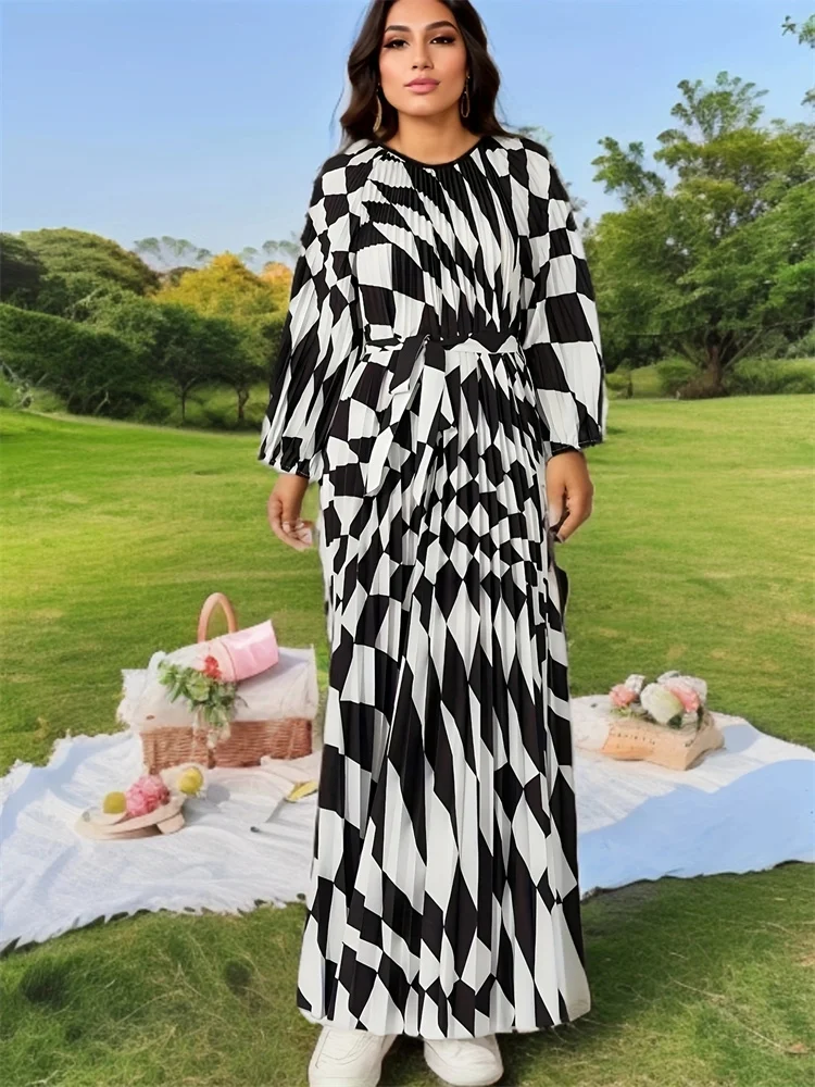 

Miyake Pleated Dress Women 2024 Spring Summer Fashion Black and White Printed Long-sleeved Round Neck Loose Lace-up Long Dress