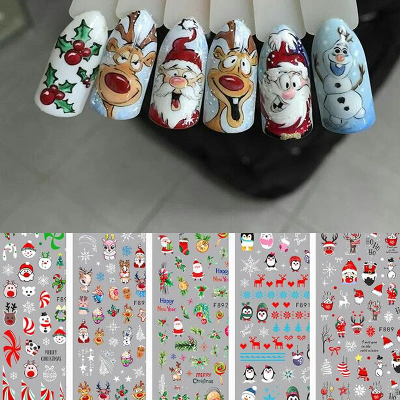 

Christmas Nail Stickers Penguin Santa Claus Elk Tree Deer Bears Cartoon Slider White Snowflakes Decal Tattoos Nail Art Sticker