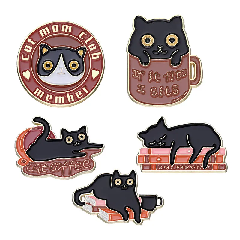 

Cute Cartoon Dream Life With Cat Brooches Sleeping Black Kitten Coffee Books Enamel Pins Bag Clothes Lapel Badges Jewelry Gift