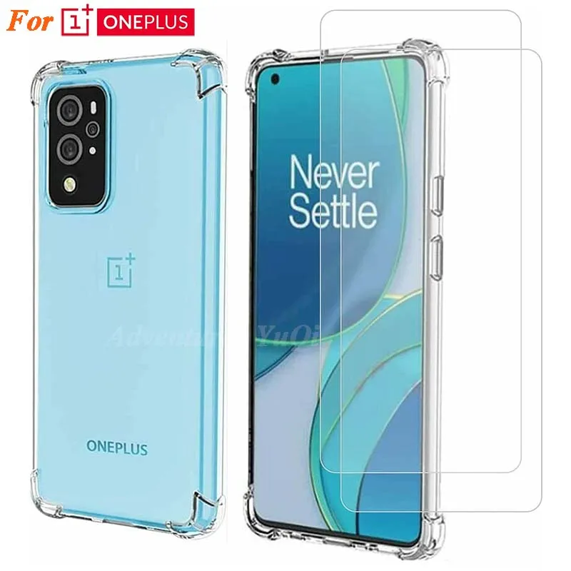 

For OnePlus Ace 9 9R 9RT 8T Tempered glass 2 Pcs and AirBag Protective Phone Case 1 Anti Shock Scratch 9H Screen Protector Cover