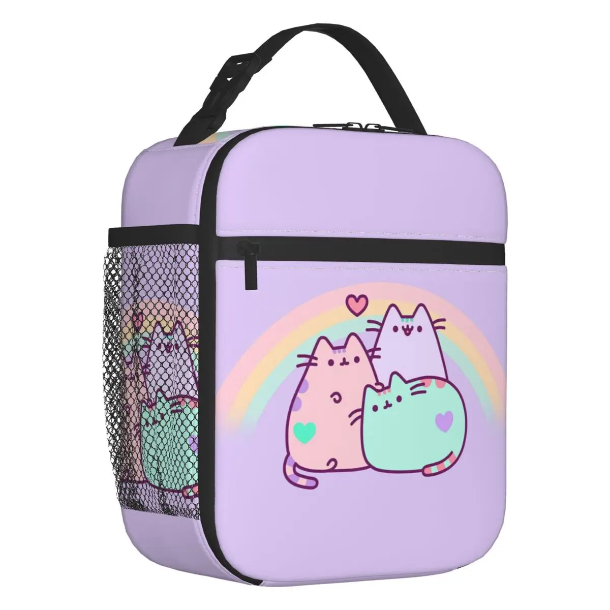 Pusheens Cat Rainbow Heart Thermal Insulated Lunch Bag Women Catroon Kitten Portable Lunch Container for Work Storage Food Box