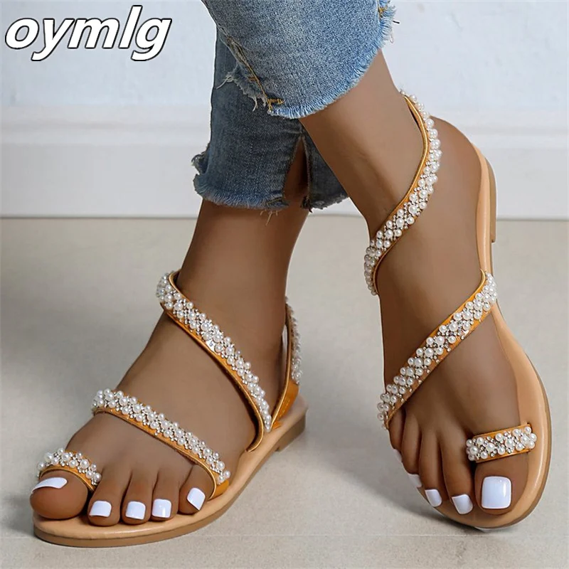 

2022 summer new set-toe sandals women's flat rhinestone large size beach shoes women's sandals designer sandals flat sandals