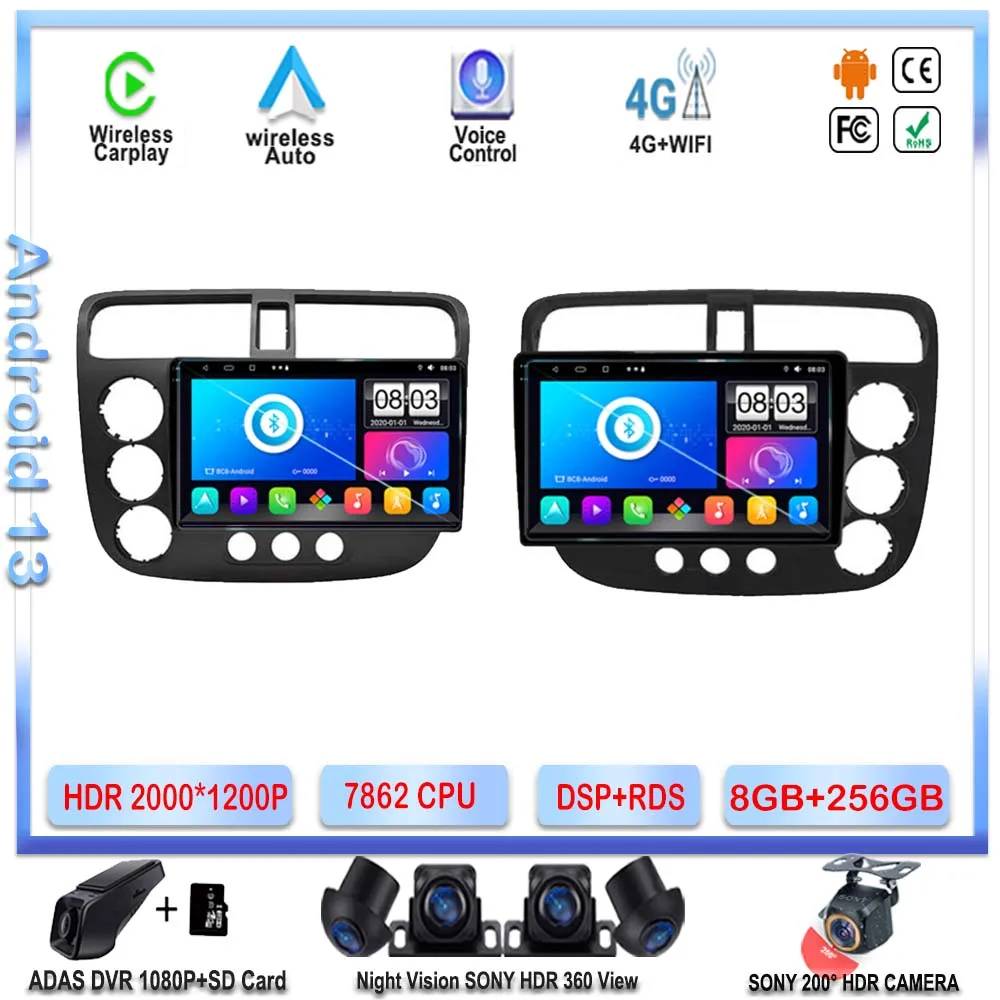 

Автомагнитола на Android 13, DVD-плеер для Honda CIVIC 2000, 2001-2006, GPS-навигация, стерео, головное устройство, мультимедийный плеер 7862, процессор NO 2din QIED