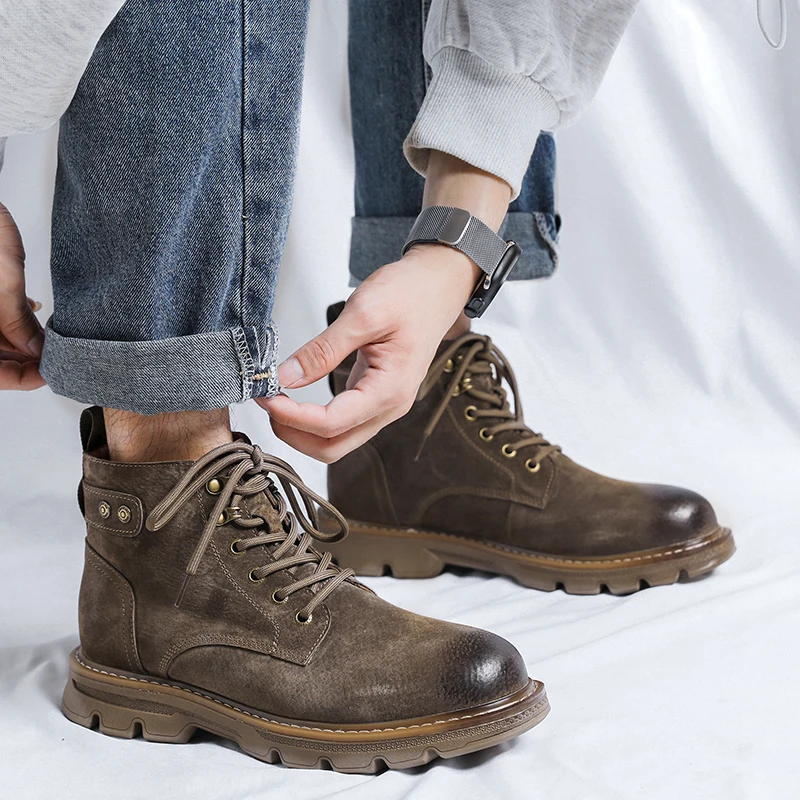 Ботинки мужские кожаные высокие мотоциклетные ботильоны на шнуровке обувь в