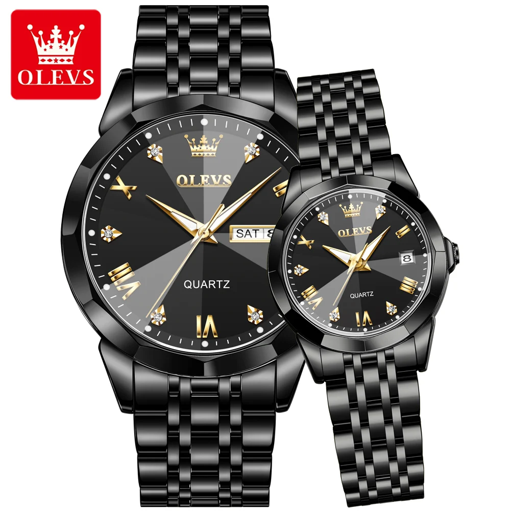 OLEVS New Luxury Women Couple Watch for Men Women Fashion Rhombus Mirror Stainless Steel Strap Week Date Lovers Quartz Watches